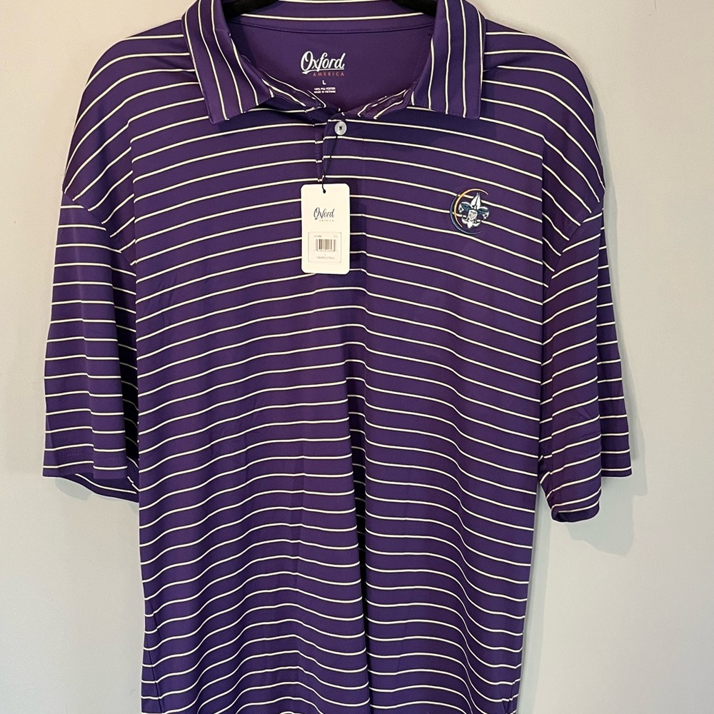 Oxford Golf polo, Boy Scouts logo, men's large, purple/white, short sleeve, NWT